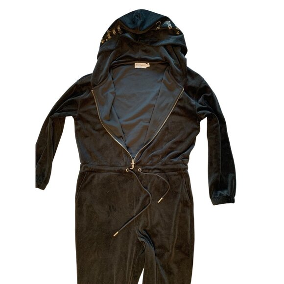 Juicy Couture L Black Velour Hooded Jumpsuit Drawstring Zipper Closure 8237 - Picture 7 of 13